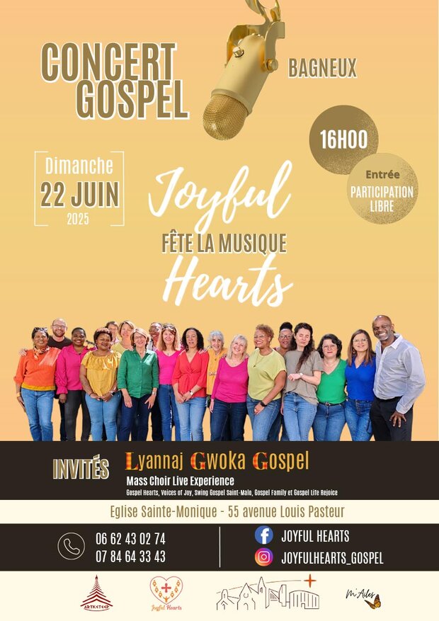 Affiche présentant un micro en or et les 18 membres de la chorale. Les informations présentes sur cette page sont écrites sur l'affiche en lettres blanches sur fond or